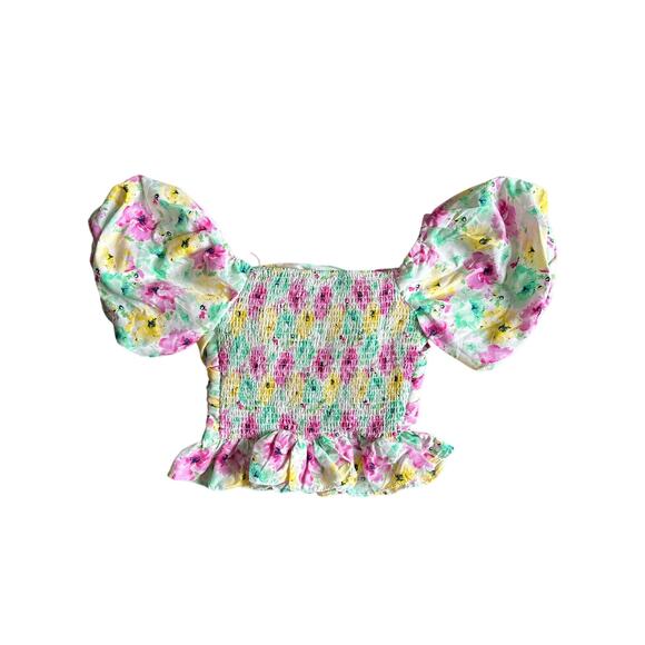 💥Do + Be Floral Ruffle Puff Sleeve Cropped Peplum Top Womens size Small Pink - Picture 5 of 7